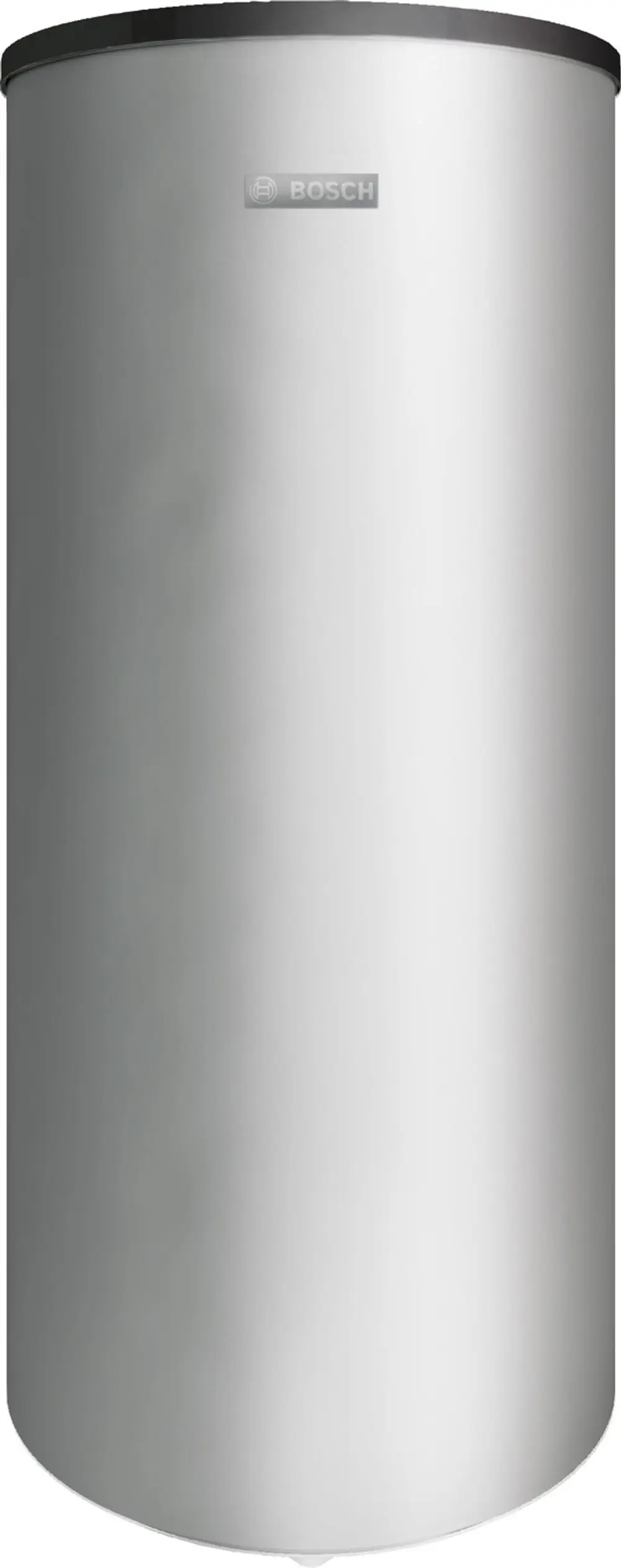 Vertikaler, zylindrischer Pufferspeicher in Aluminiumoptik mit Bosch-Logo auf der Vorderseite, geeignet für die Anwendung in Solaranlagen.